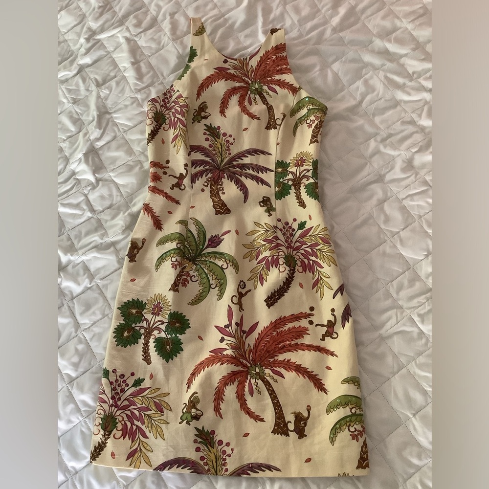 Muse Cream Tropical Palm Backless Dress with Green and Rust Accents